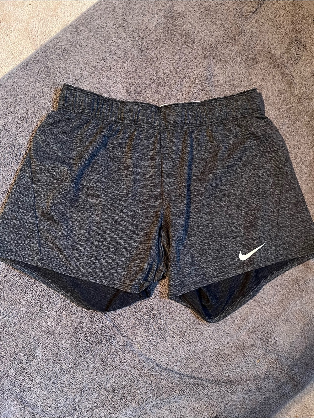 Nike Women’s Heather Charcoal Athletic Shorts with White Swoosh